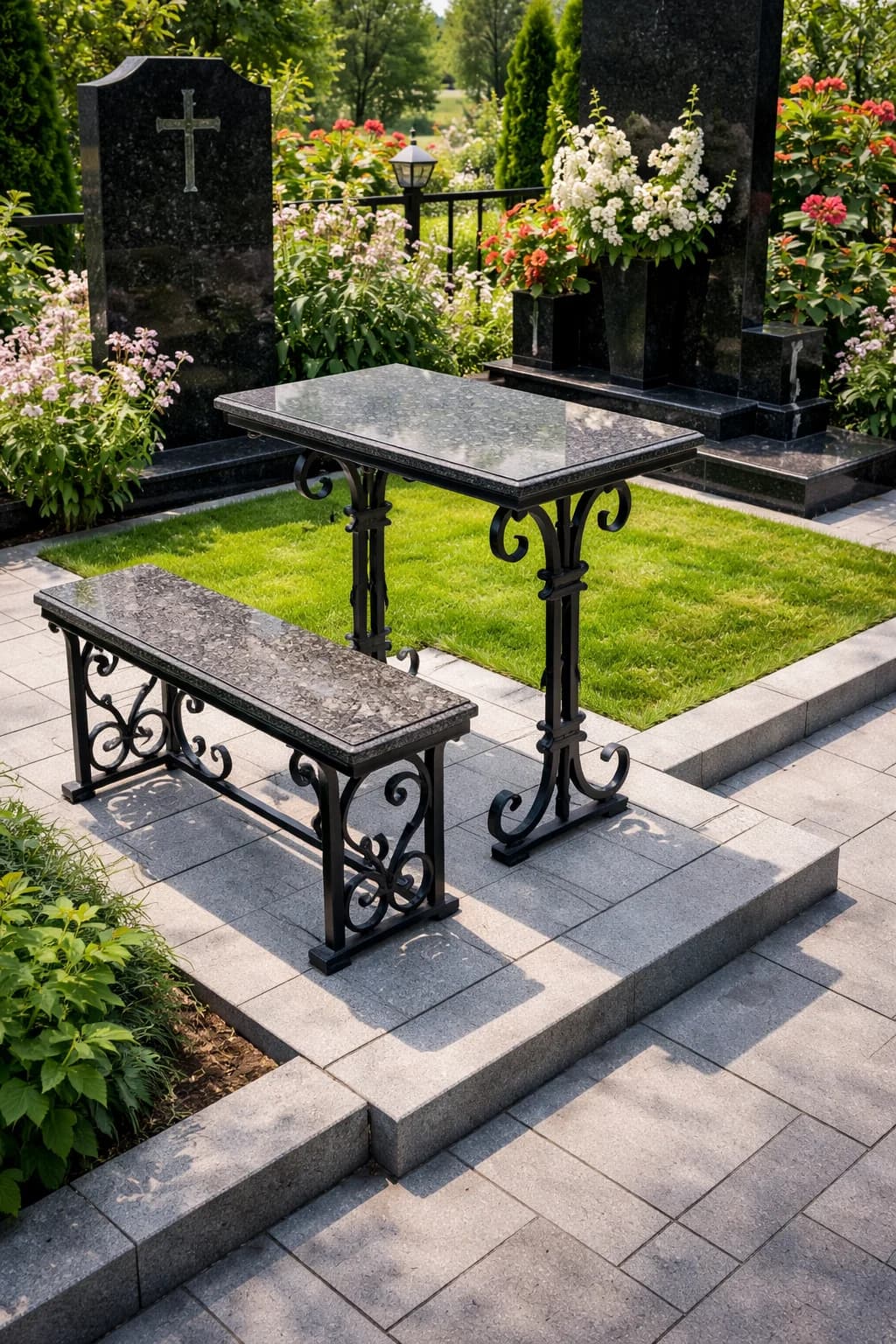 Металлический столик и скамейка для кладбища